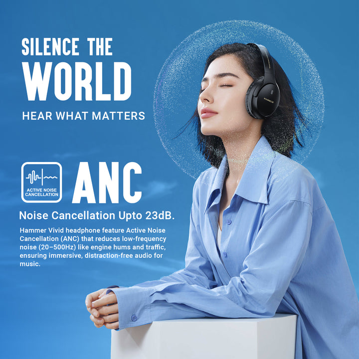 Hammer Bash Vivid ANC Wireless Bluetooth Over-Ear Headphones with 23 dB 70h Playtime, Type-C Fast Charging, Foldable Black