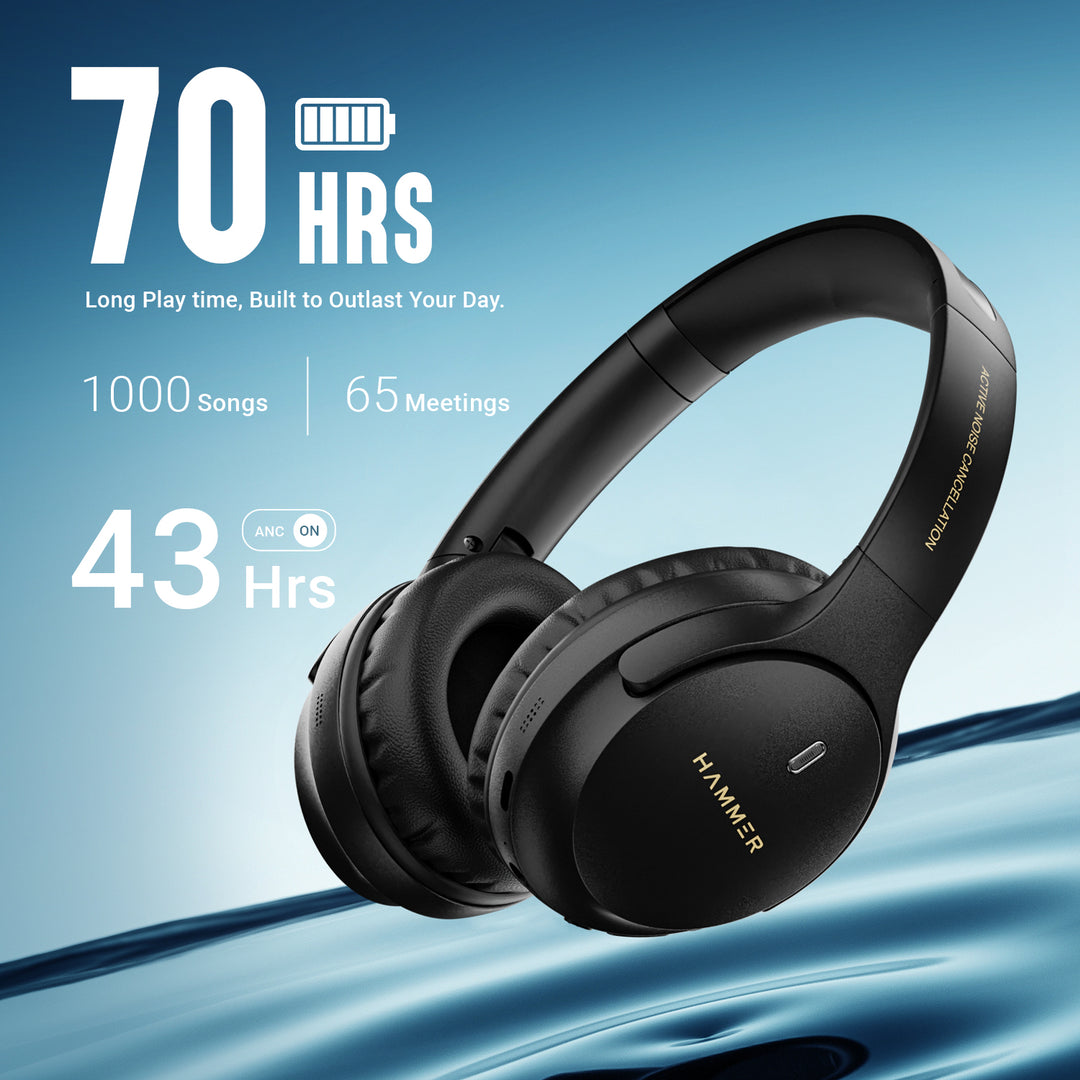 Hammer Bash Vivid ANC Wireless Bluetooth Over-Ear Headphones with 23 dB 70h Playtime, Type-C Fast Charging, Foldable Black