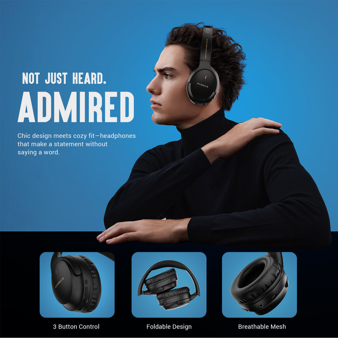 Hammer Bash Vivid ANC Wireless Bluetooth Over-Ear Headphones with 23 dB 70h Playtime, Type-C Fast Charging, Foldable Black