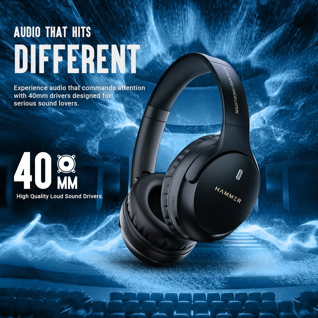 Hammer Bash Vivid ANC Wireless Bluetooth Over-Ear Headphones with 23 dB 70h Playtime, Type-C Fast Charging, Foldable Black
