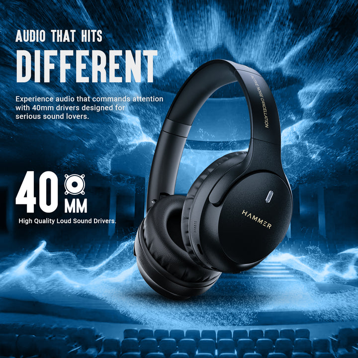 Hammer Bash Vivid ANC Wireless Bluetooth Over-Ear Headphones with 23 dB 70h Playtime, Type-C Fast Charging, Foldable Black