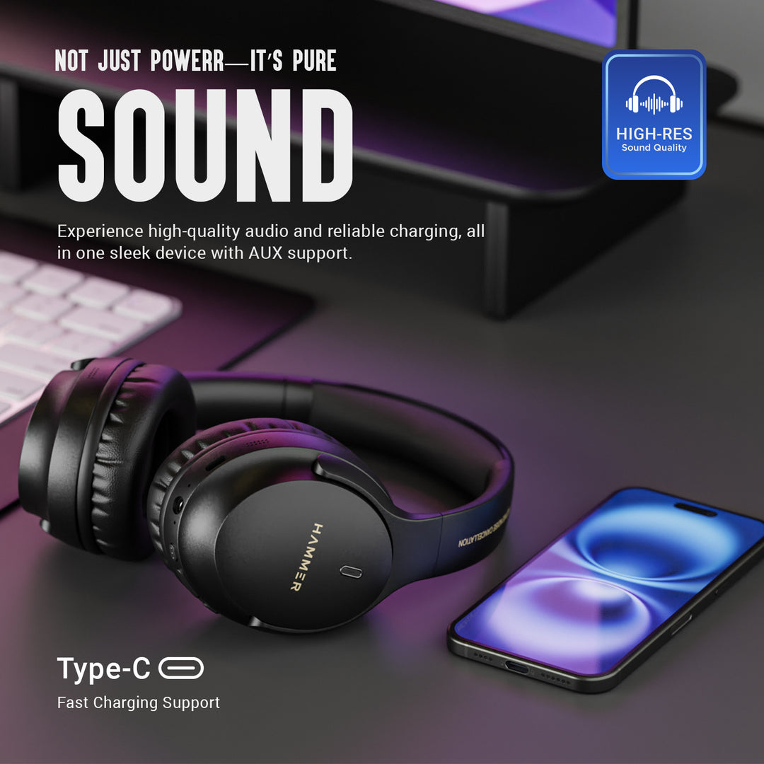 Hammer Bash Vivid ANC Wireless Bluetooth Over-Ear Headphones with 23 dB 70h Playtime, Type-C Fast Charging, Foldable Black