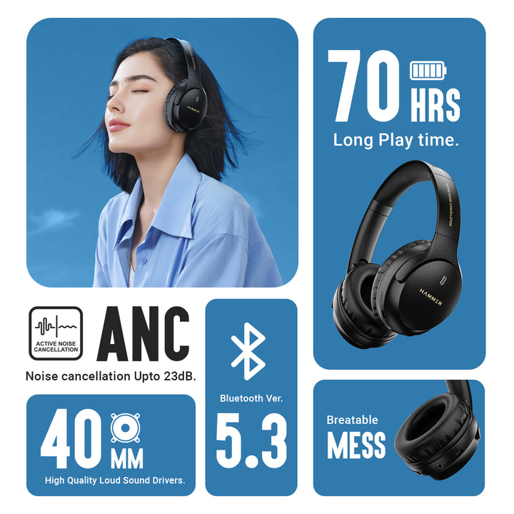 Hammer Bash Vivid ANC Wireless Bluetooth Over-Ear Headphones with 23 dB 70h Playtime, Type-C Fast Charging, Foldable Black