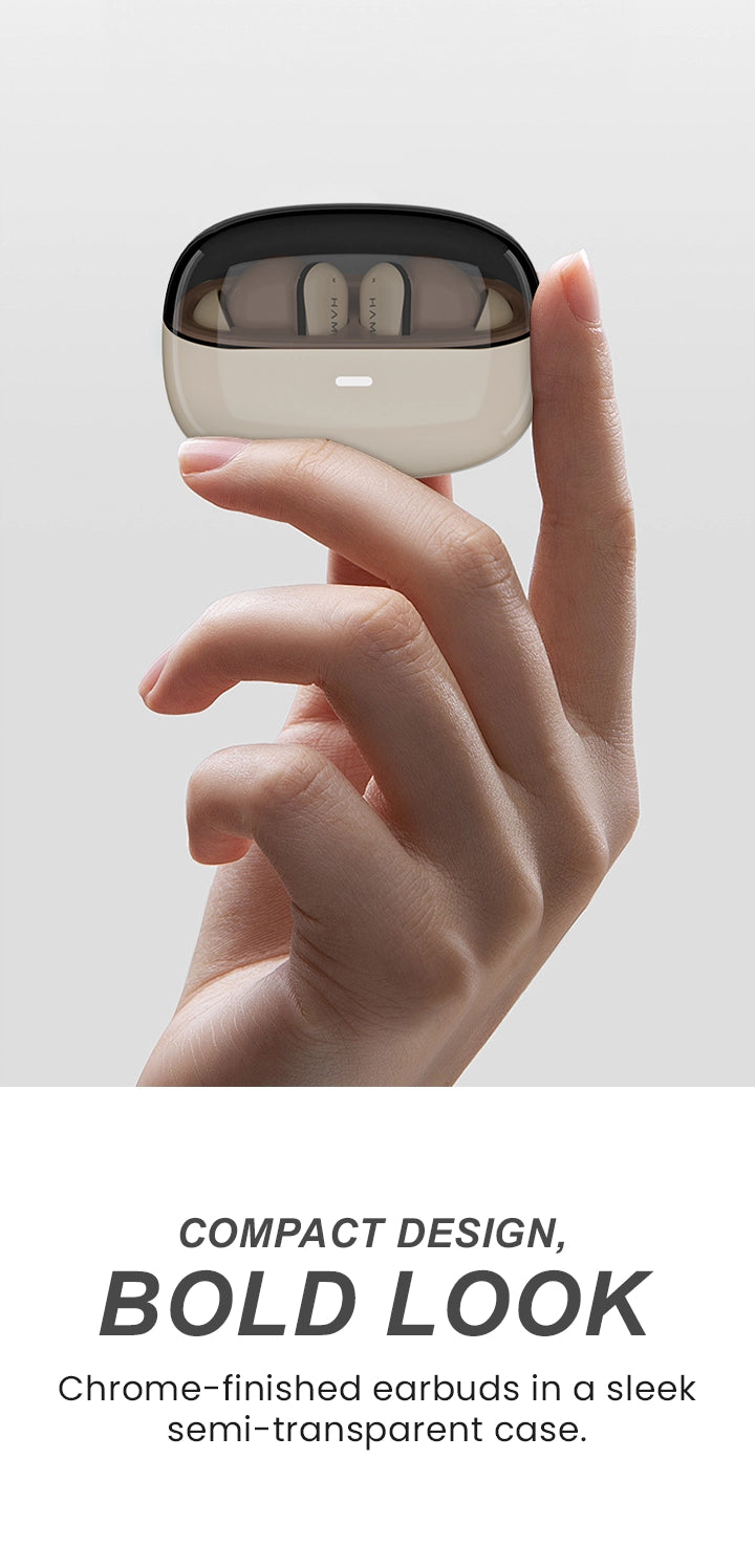 Hammer Aura earbuds with chrome finish and compact semi-transparent case for bold style.