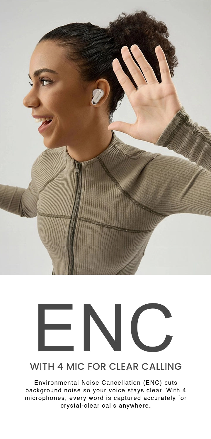 Hammer Aura earbuds with ENC and 4 microphones for crystal-clear, noise-free calling.