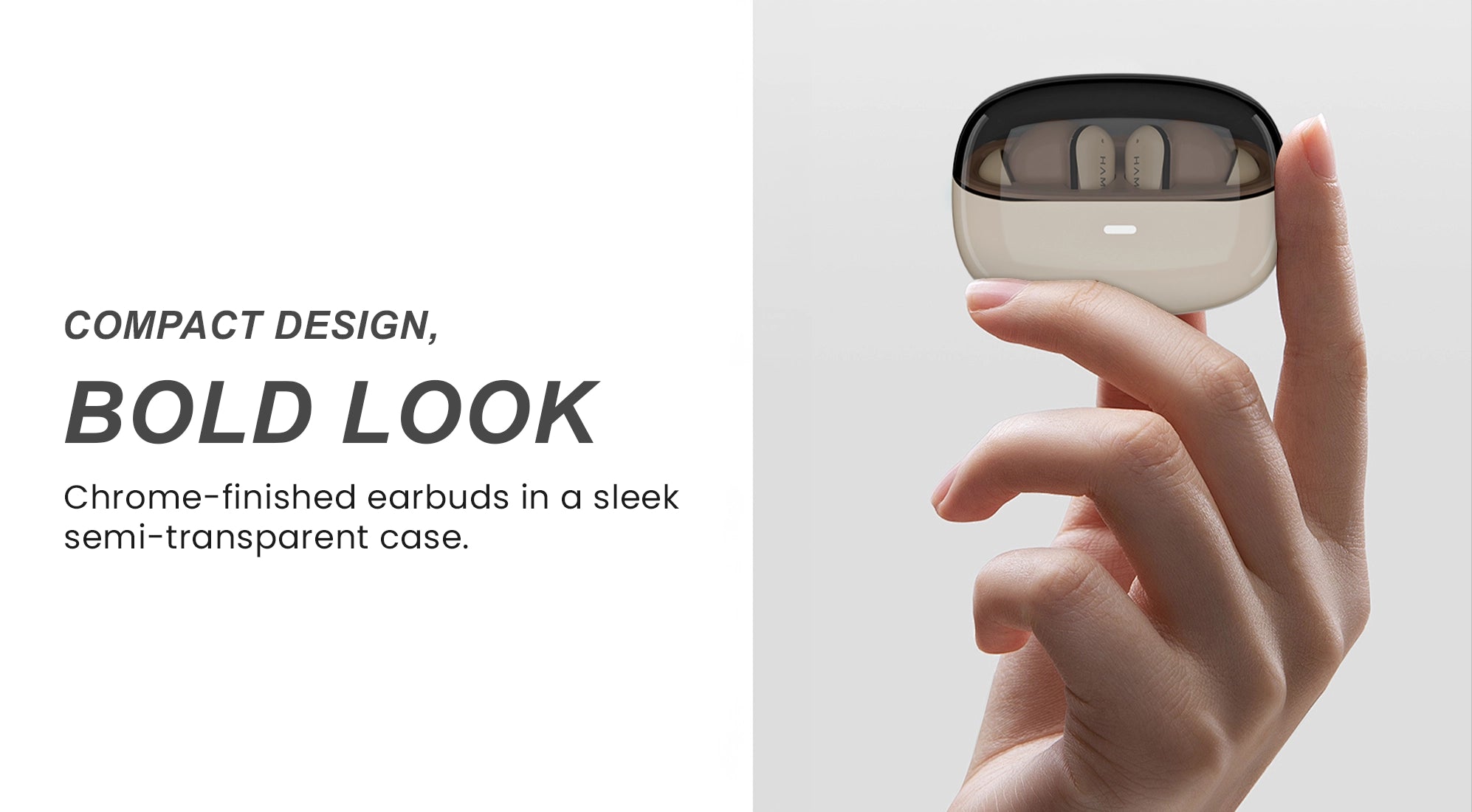 Hammer Aura earbuds with chrome finish and compact semi-transparent case for bold style.