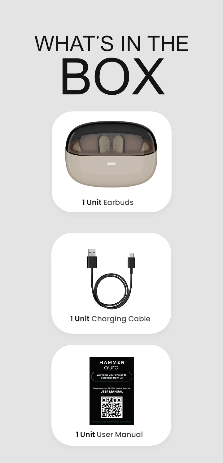 Hammer Aura package includes earbuds, a charging cable, and a user manual guide.