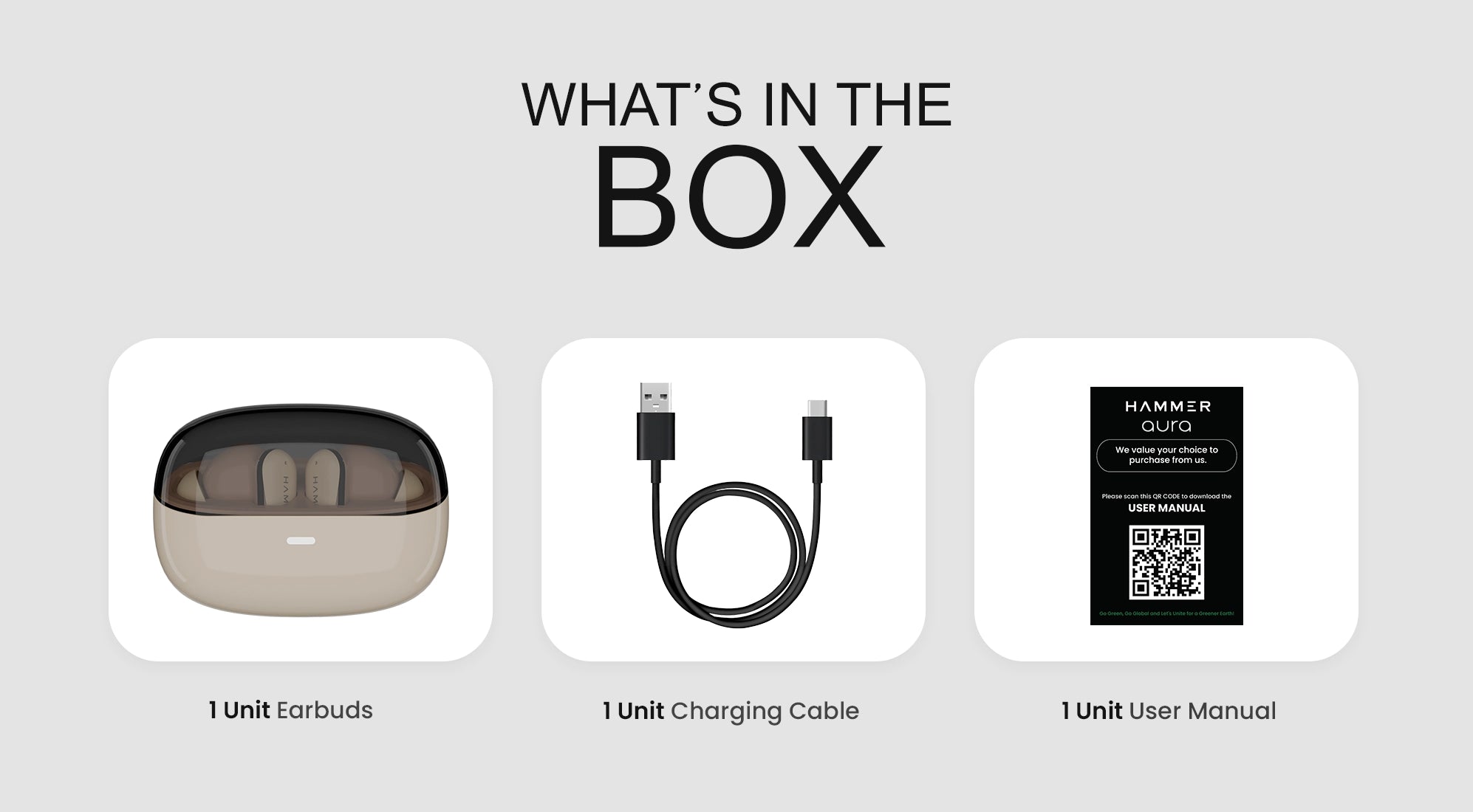 Hammer Aura package includes earbuds, a charging cable, and a user manual guide