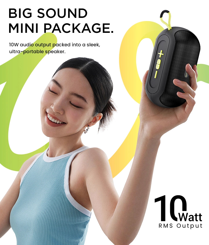 Compact 10W portable speaker delivers powerful sound in a sleek, lightweight design.