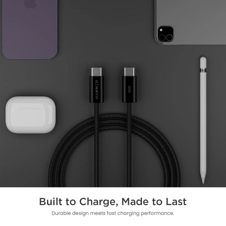 Hammer 60W Type C to C PD Fast Charging Braided 1.2 Meter Cable, Compatible with all C-Type Enabled Devices