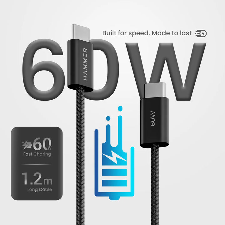 Hammer 60W Type C to C PD Fast Charging Braided 1.2 Meter Cable, Compatible with all C-Type Enabled Devices