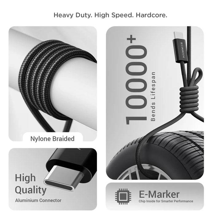 Hammer 60W Type C to C PD Fast Charging Braided 1.2 Meter Cable, Compatible with all C-Type Enabled Devices