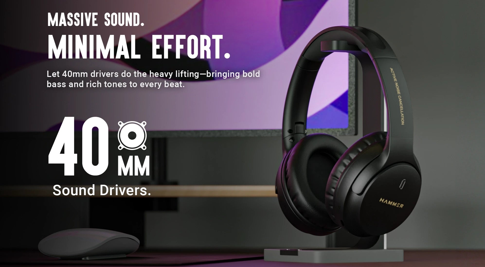Black headphones with 40 mm sound drivers on a stand