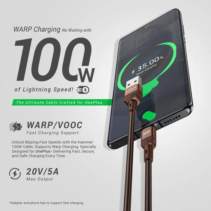 HAMMER 100W USB Type C Data Sync Fast Charging Cable for OnePlus Smartphones And Compatible With All Type C Devices