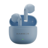 Blue wireless earbuds in a charging case