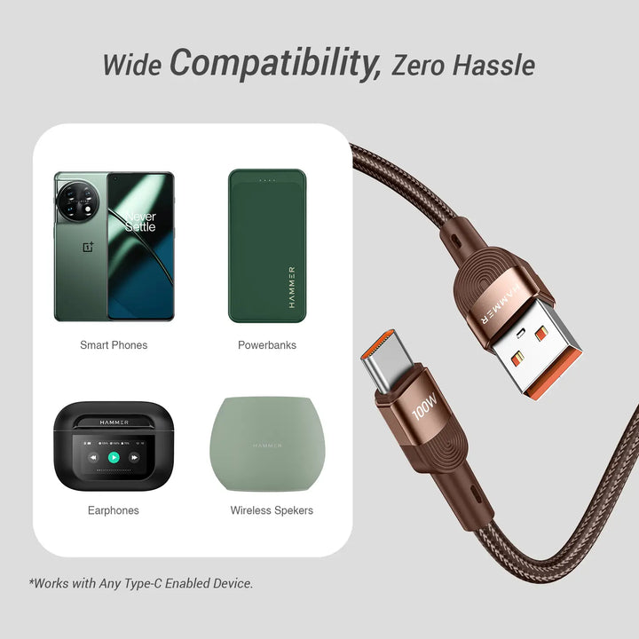 HAMMER 100W USB Type C Data Sync Fast Charging Cable for OnePlus Smartphones And Compatible With All Type C Devices
