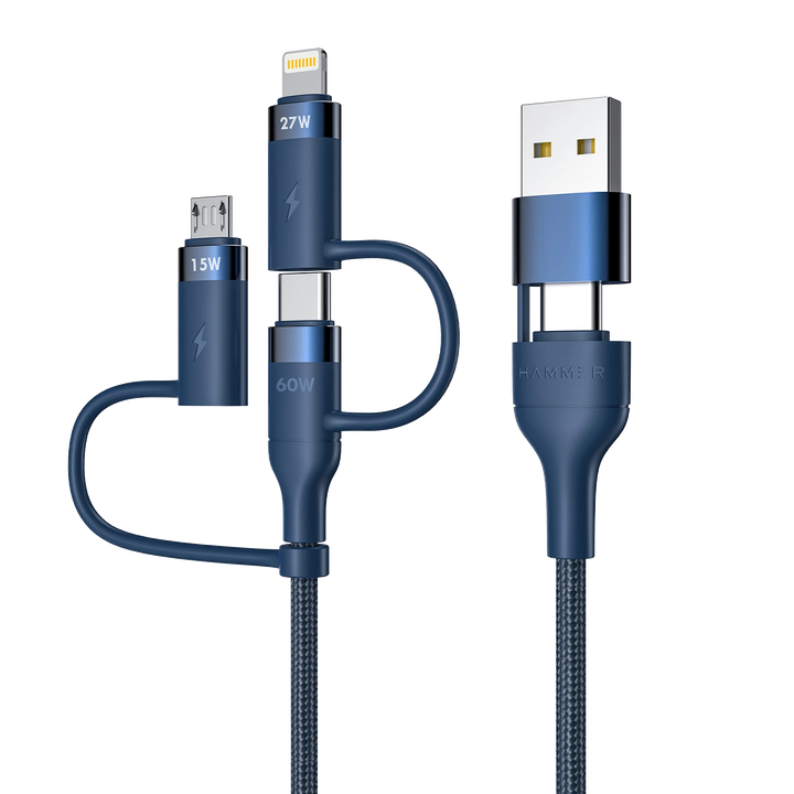 HAMMER 60W 5 in 1 Cable, PD Fast Charging Cable, USB C/A to 60W Type C / 15W Micro / 27W Lightning - Blue