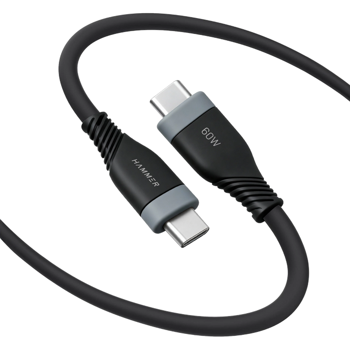Hammer Type C to Type C Cable 60W Silicone Cable, Data Sync, Compatible with all C-Type Enabled Devices (Black)