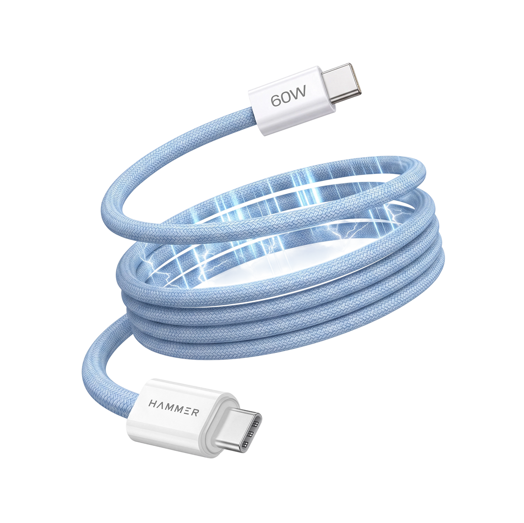 Hammer 60W Magnetic Braided USB Type-C to C Fast Charging & Data Transfer Cable, Durable Tangle Free Design (Blue)