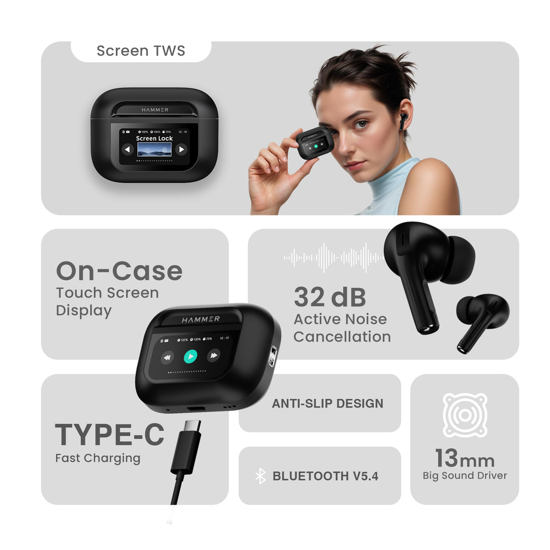 Hammer Screen TWS Bluetooth Earbuds with 32 db ANC + ENC and On Case Display