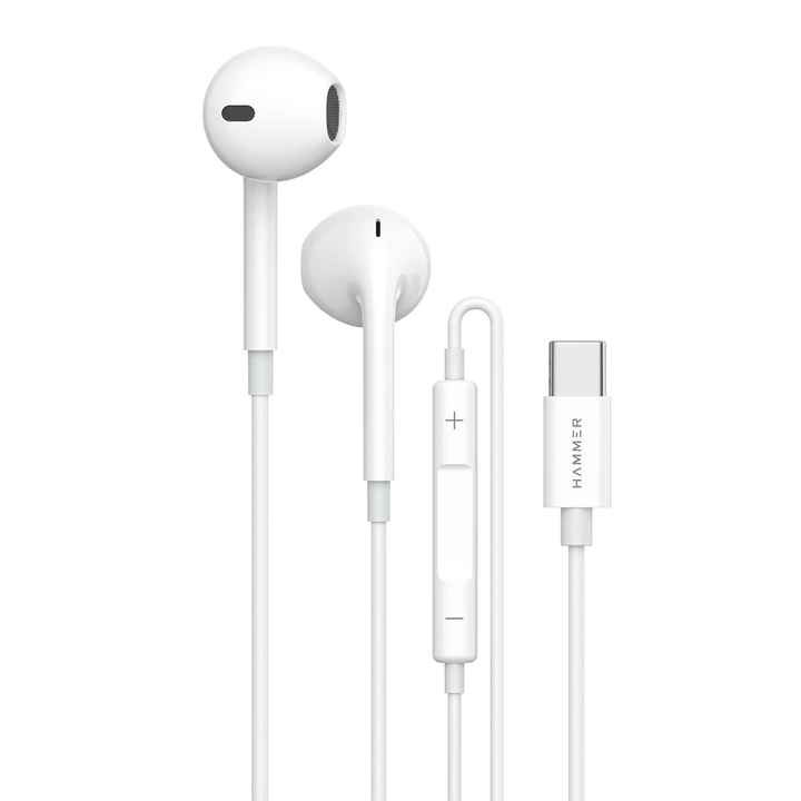 HAMMER Nova 3 Type C Earphones with 13mm Drivers, MFB Control, Ergonomic Half In-Ear Wired Earphones – White