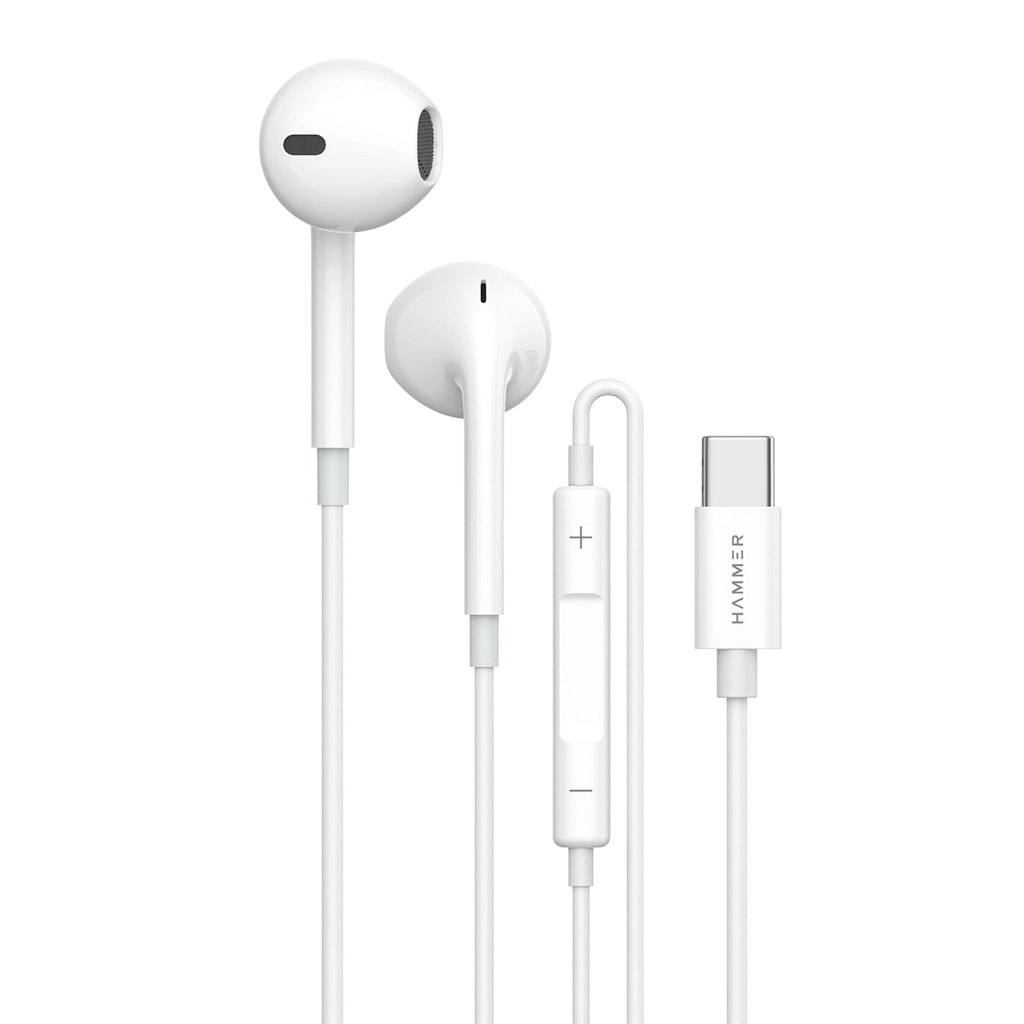 HAMMER Nova 3 Type C Earphones with 13mm Drivers, MFB Control, Ergonomic Half In-Ear Wired Earphones – White