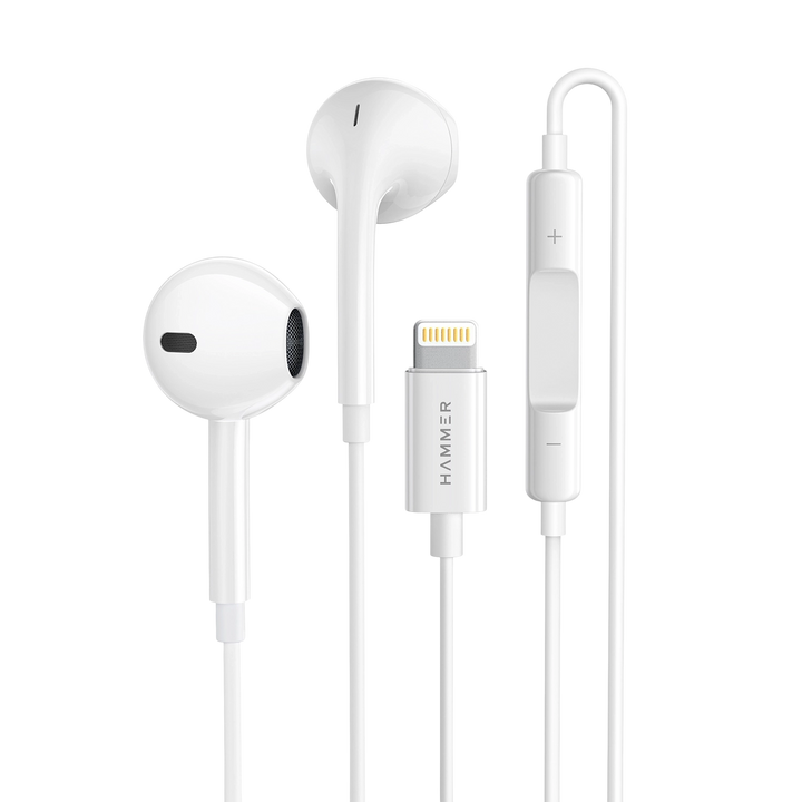 Hammer Nova 4 Lightning Earphones with Mic, Ergonomic Half In-Ear Wired Earphones for iPhones - White