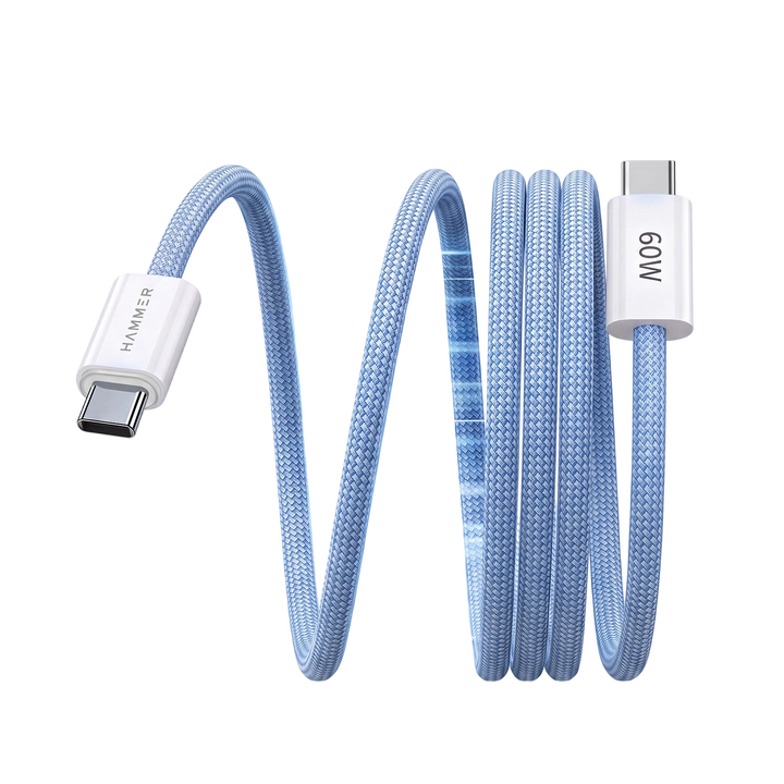 Hammer 60W Magnetic Braided USB Type-C to C Fast Charging & Data Transfer Cable, Durable Tangle Free Design (Blue)