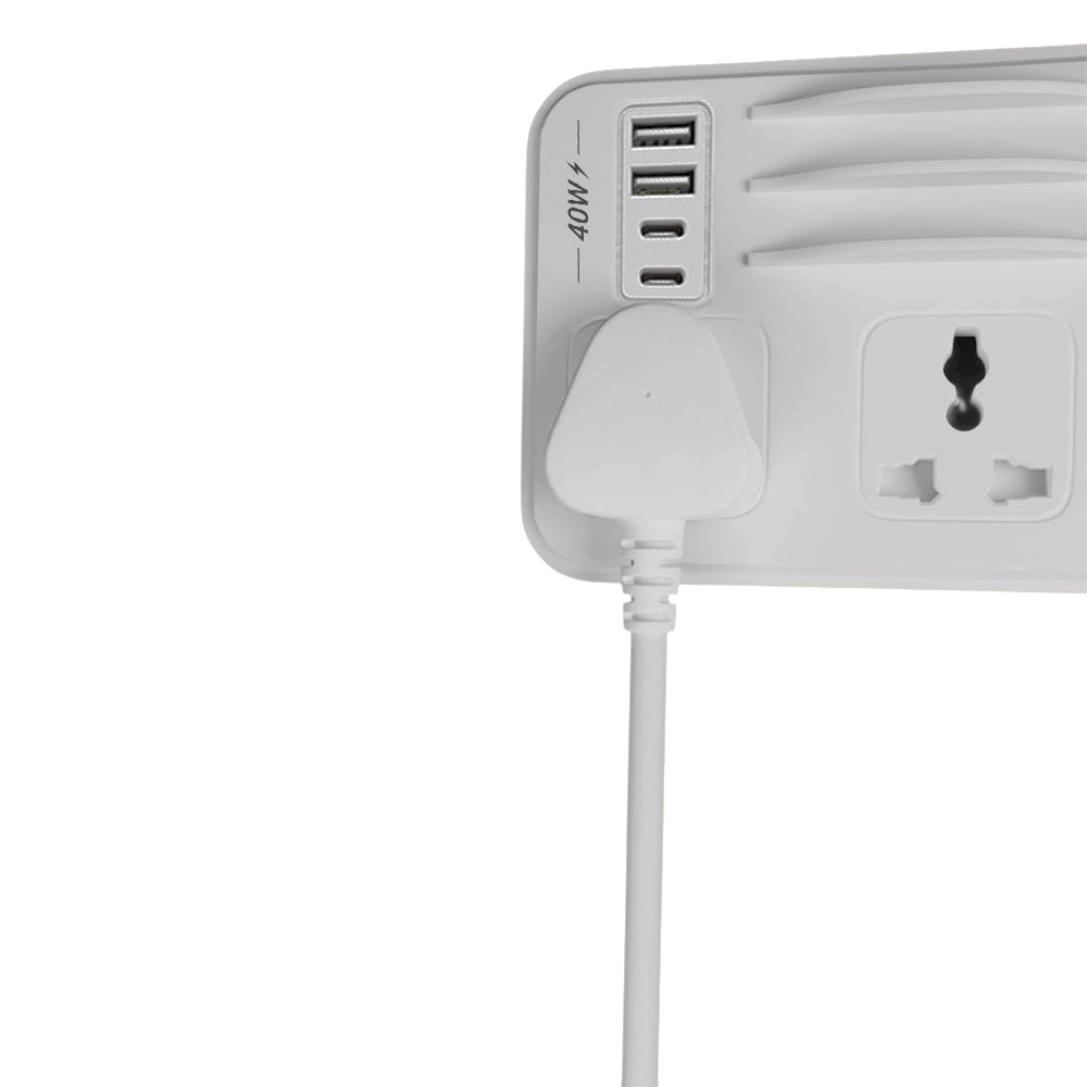 HAMMER Power Strip with 3 Universal Sockets with Child Security, 2 USB Ports and 2 Type C 20w PD, Mobile Holder, 2300W with 1.5 Meter Cable White