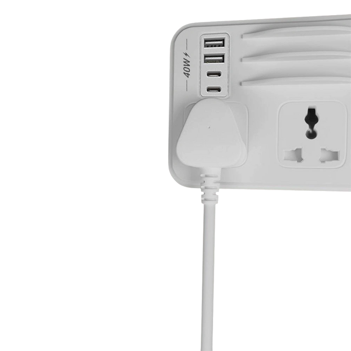 HAMMER Power Strip with 3 Universal Sockets with Child Security, 2 USB Ports and 2 Type C 20w PD, Mobile Holder, 2300W with 1.5 Meter Cable White
