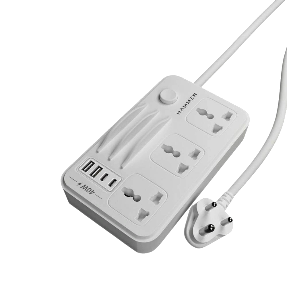 HAMMER Power Strip with 3 Universal Sockets with Child Security, 2 USB Ports and 2 Type C 20w PD, Mobile Holder, 2300W with 1.5 Meter Cable White