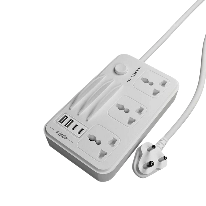 HAMMER Power Strip with 3 Universal Sockets with Child Security, 2 USB Ports and 2 Type C 20w PD, Mobile Holder, 2300W with 1.5 Meter Cable White