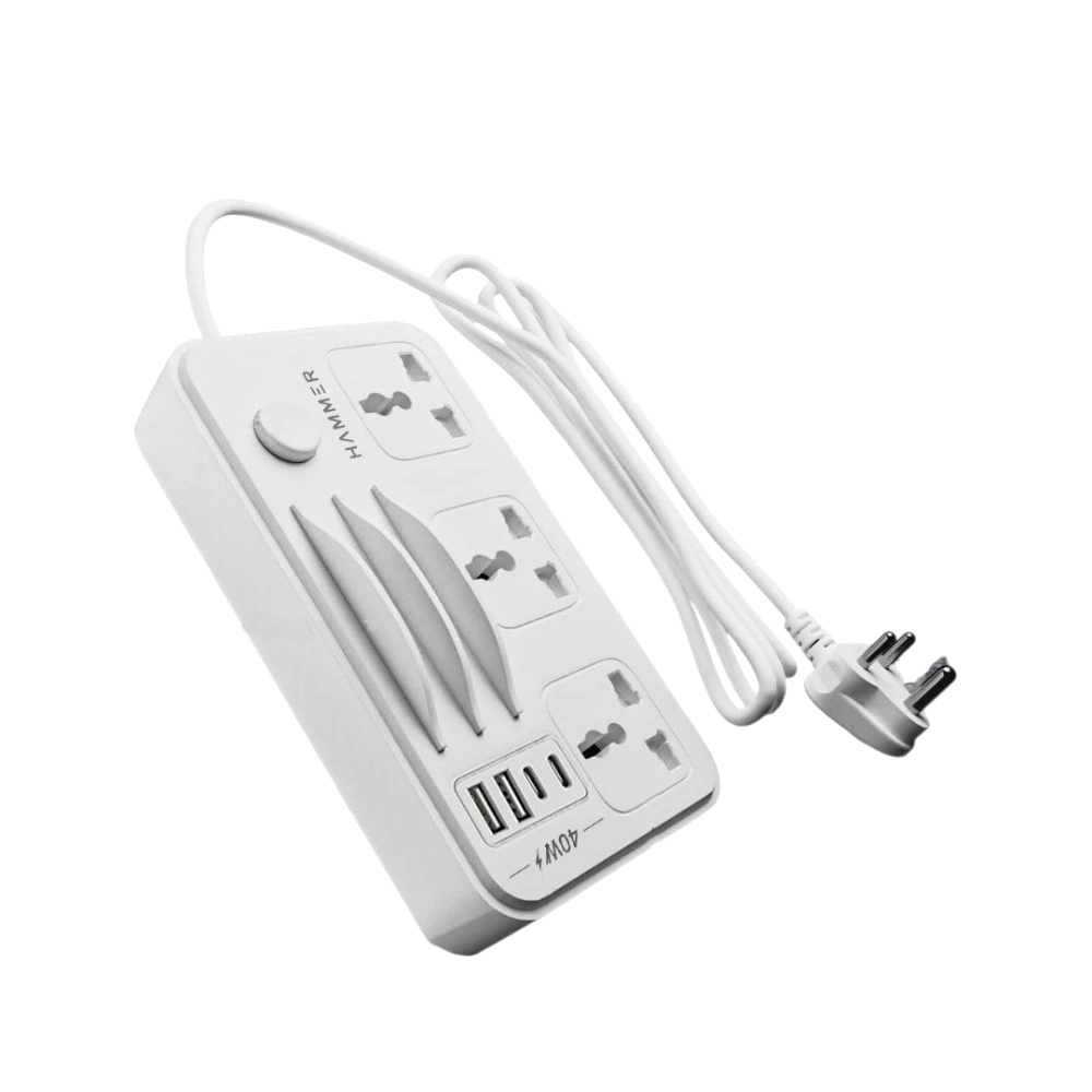 HAMMER Power Strip with 3 Universal Sockets with Child Security, 2 USB Ports and 2 Type C 20w PD, Mobile Holder, 2300W with 1.5 Meter Cable White