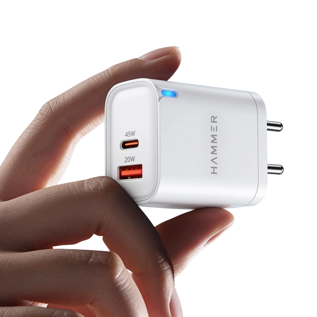 Hammer 45W Dual Port Fast Charger for Samsung and iPhone with PD, PPS Technology Without Cable (White)