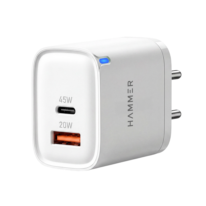 Hammer 45W Dual Port Fast Charger for Samsung and iPhone with PD, PPS Technology Without Cable (White)