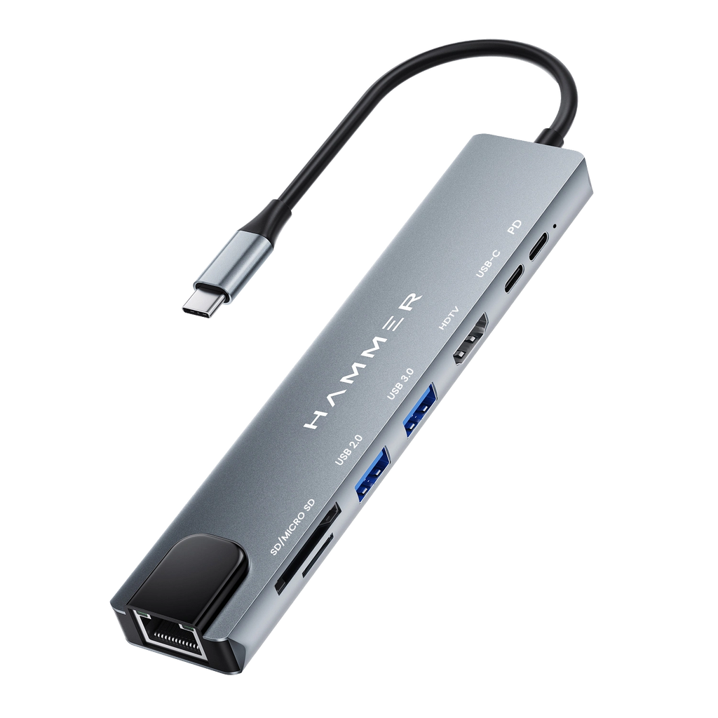 HAMMER 8-in-1 USB-C Hub | 100W PD Charging, 5Gbps Data Transfer, HDMI 4K, Ethernet Port, SD/TF Multiport Adapter (Grey)