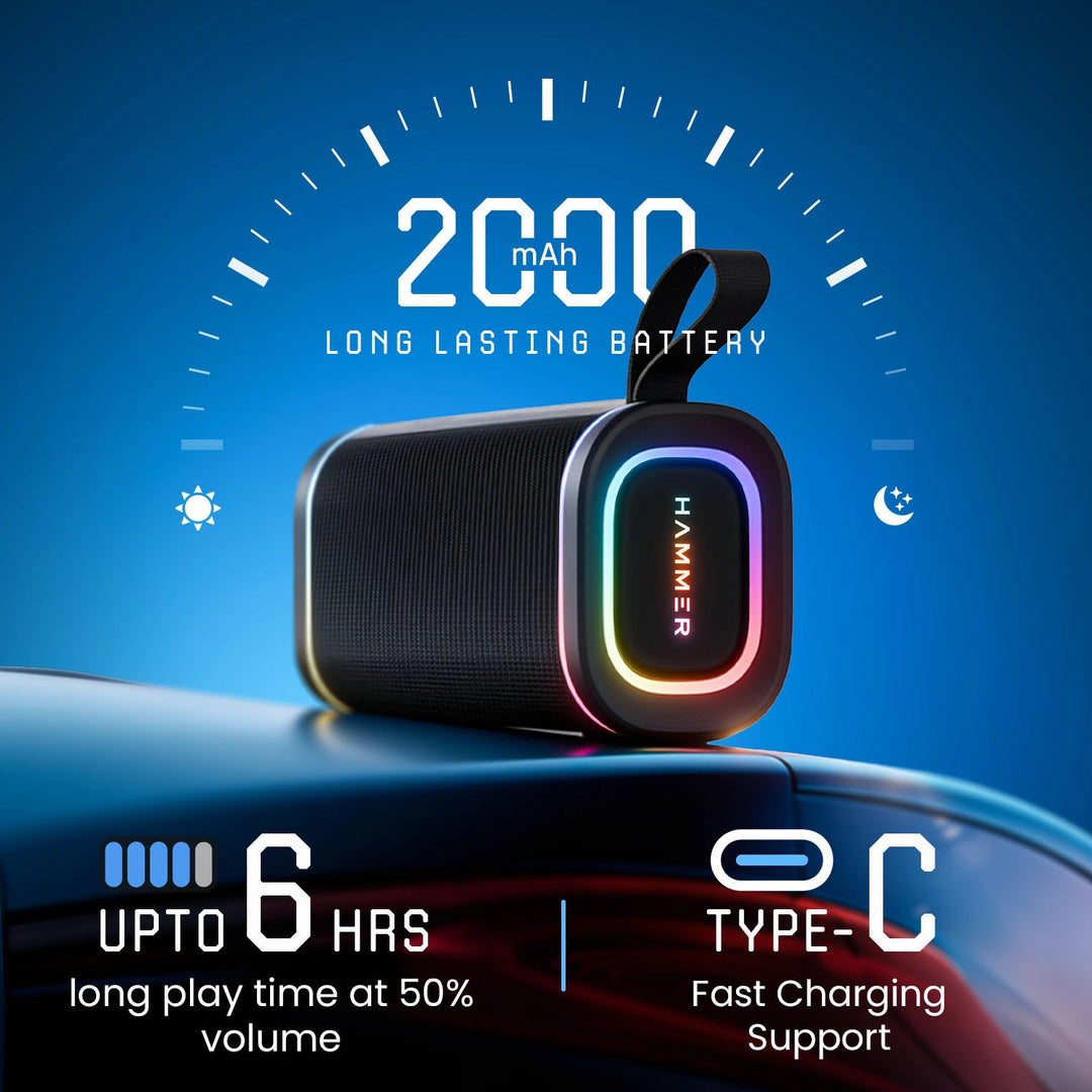Hammer Wave 2 Bluetooth Speaker 20W RMS with Deep Bass, RGB Lights, Dual Pairing (Black)