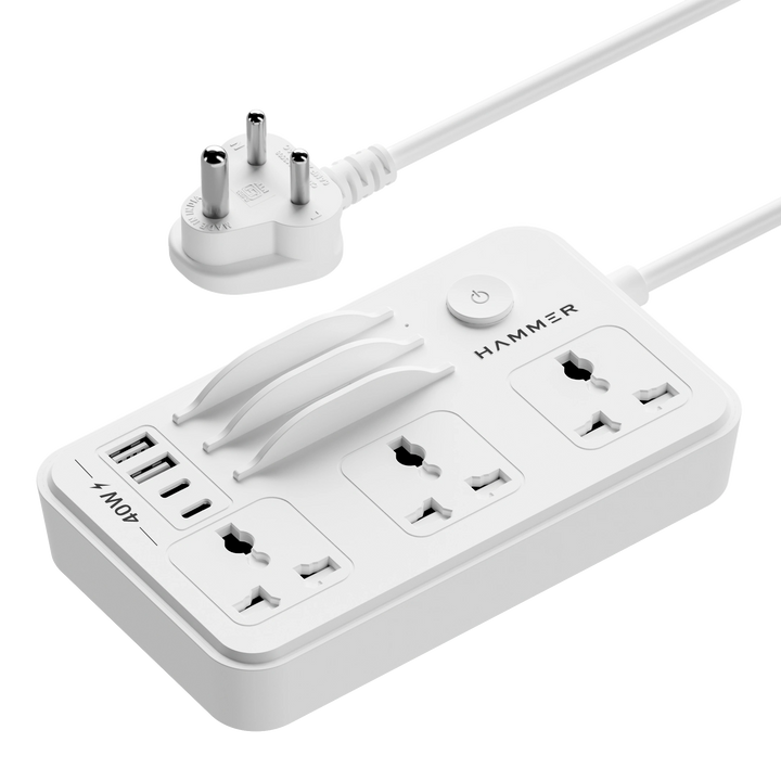 HAMMER Power Strip with 3 Universal Sockets with Child Security, 2 USB Ports and 2 Type C 20w PD, Mobile Holder, 2300W with 1.5 Meter Cable White