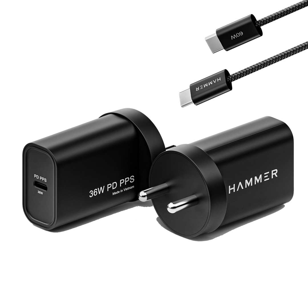 Hammer 36W Fast GaN Charger, Dual USB-C, Compatible with iPhone, Samsung Mobiles & Laptop, 2 Yr Warranty, With C to C Cable (Black)