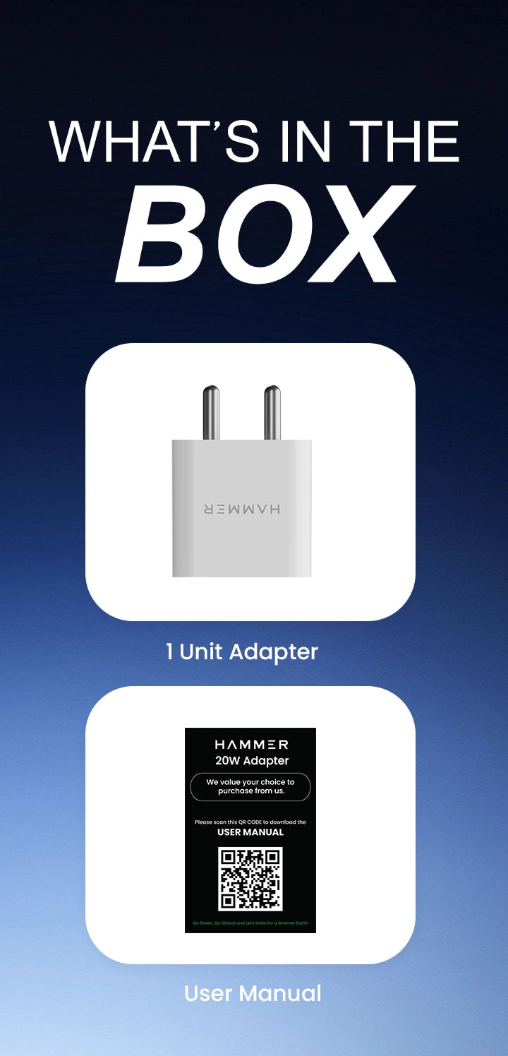 Hammer 20W PD Includes 20W fast charger adapter and user manual for complete charging setup