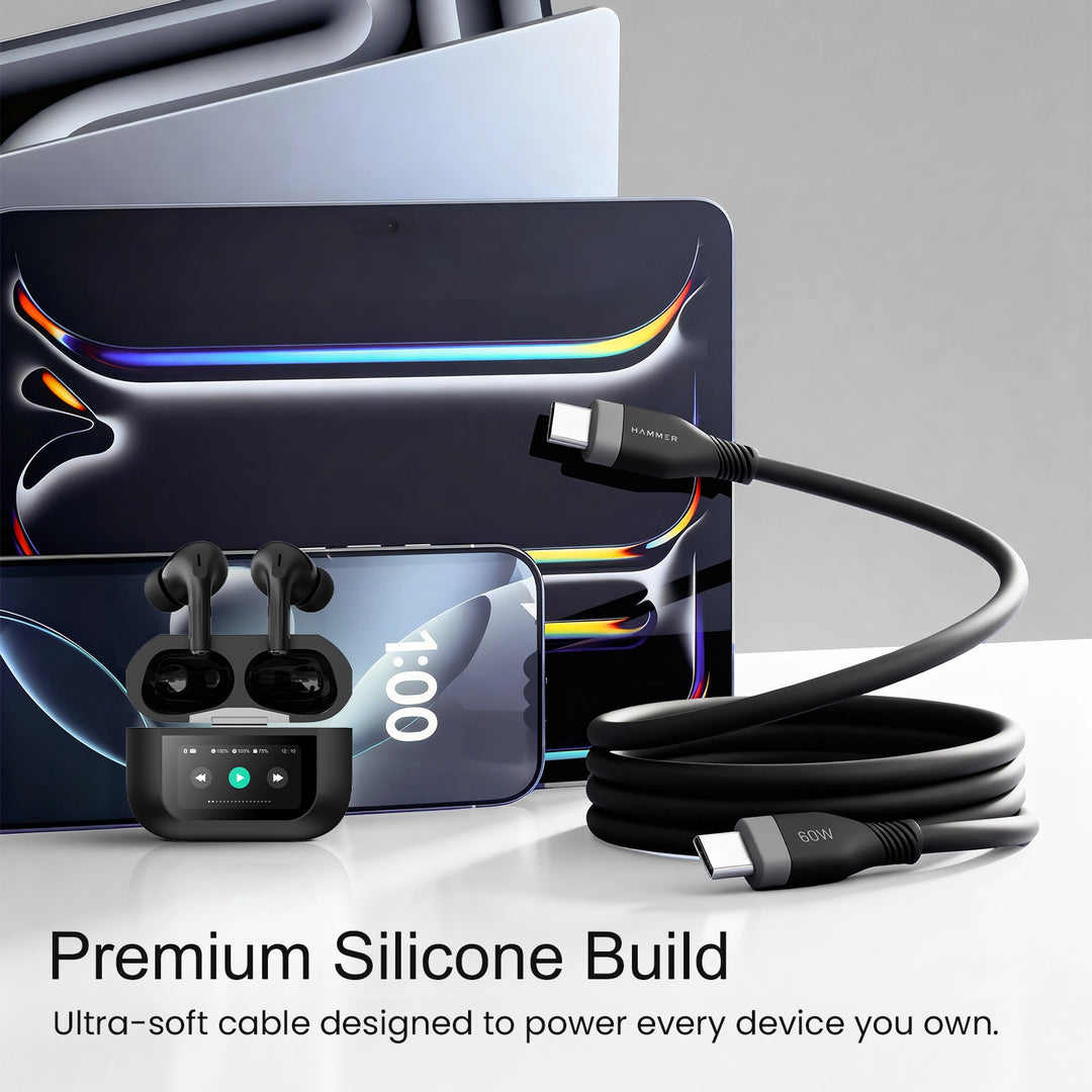 Hammer Type C to Type C Cable 60W Silicone Cable, Data Sync, Compatible with all C-Type Enabled Devices (Black)
