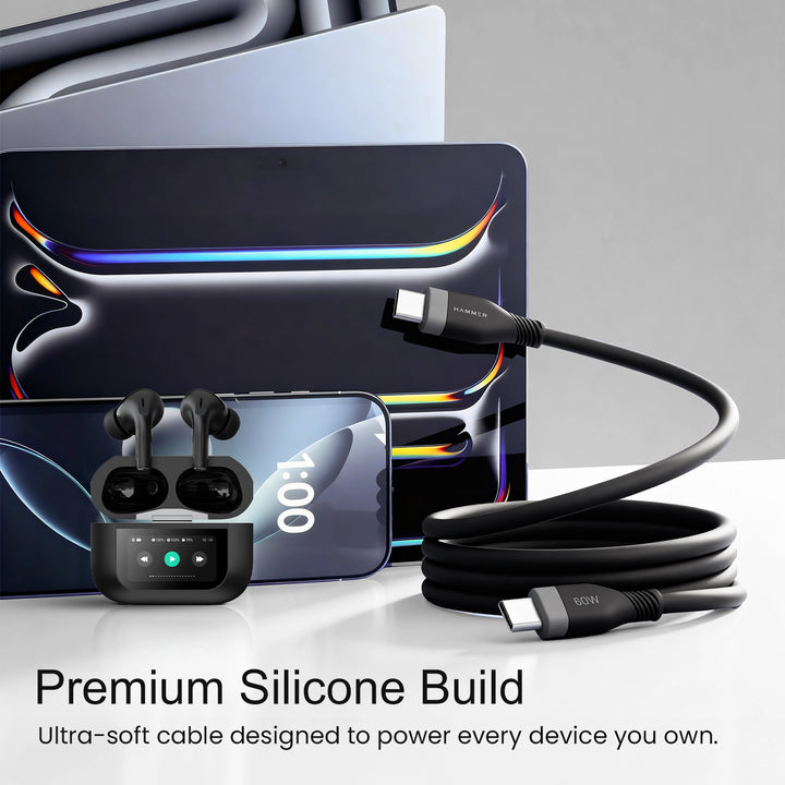Hammer Type C to Type C Cable 60W Silicone Cable, Data Sync, Compatible with all C-Type Enabled Devices (Black)