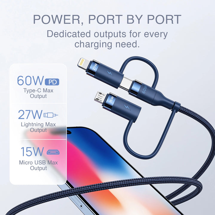 HAMMER 60W 5 in 1 Cable, PD Fast Charging Cable, USB C/A to 60W Type C / 15W Micro / 27W Lightning - Blue