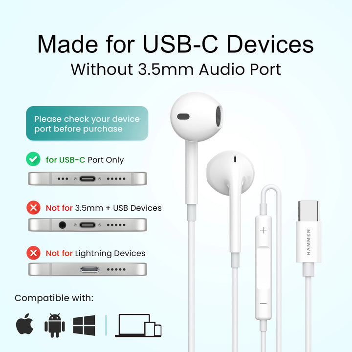 HAMMER Nova 3 Type C Earphones with 13mm Drivers, MFB Control, Ergonomic Half In-Ear Wired Earphones – White