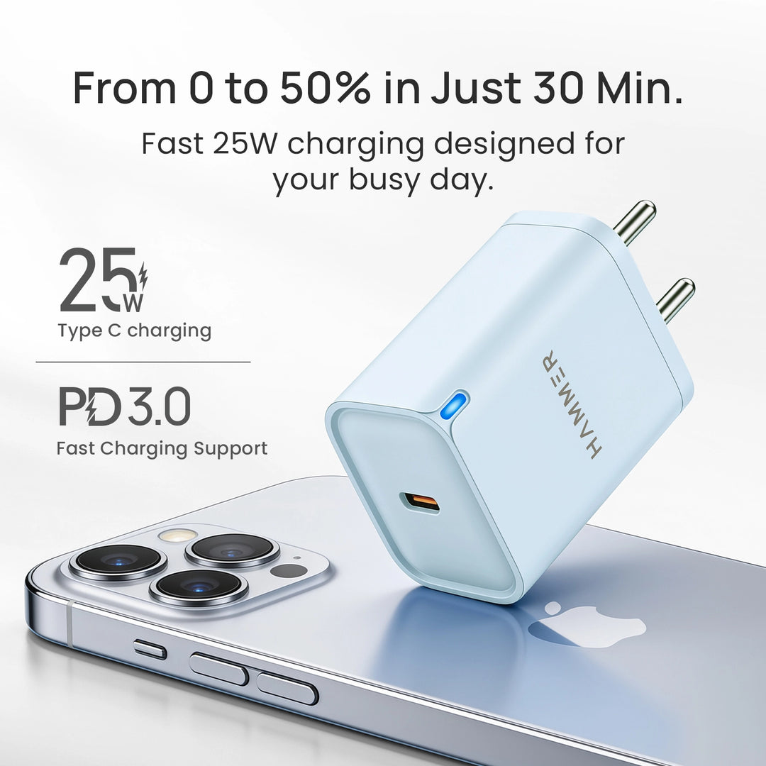 Hammer 25W Fast Type C Charger for Samsung and iPhone with PD, PPS Technology Without Cable (Sky Blue)