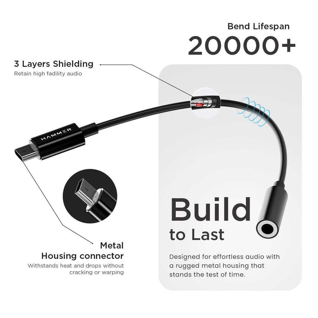 HAMMER Type-C to 3.5mm Audio Jack Connector Adapter with DAC Compatible with Type C Devices (Black)