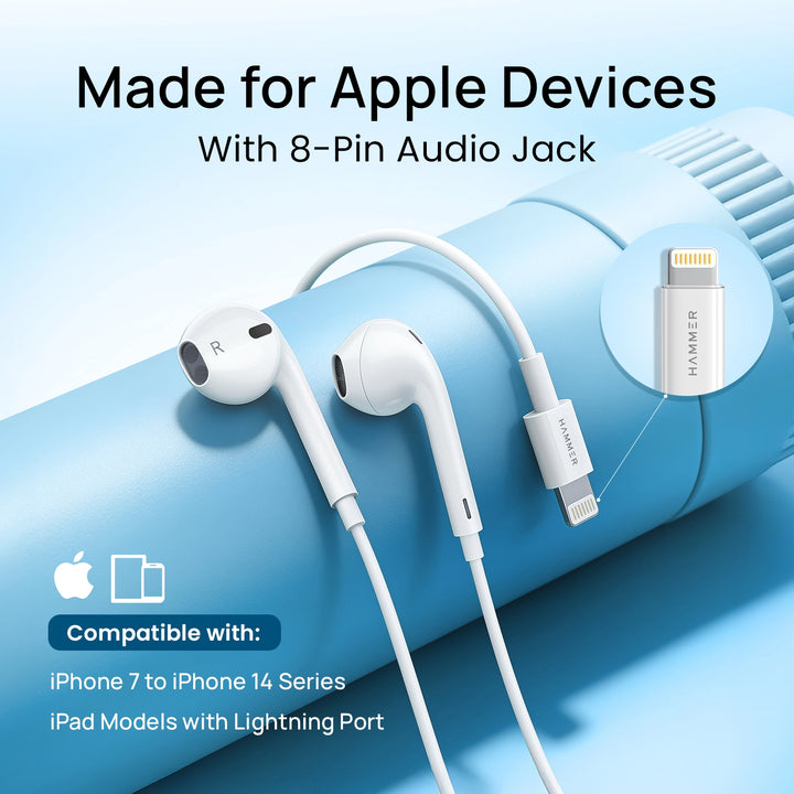 Hammer Nova 4 Lightning Earphones with Mic, Ergonomic Half In-Ear Wired Earphones for iPhones - White