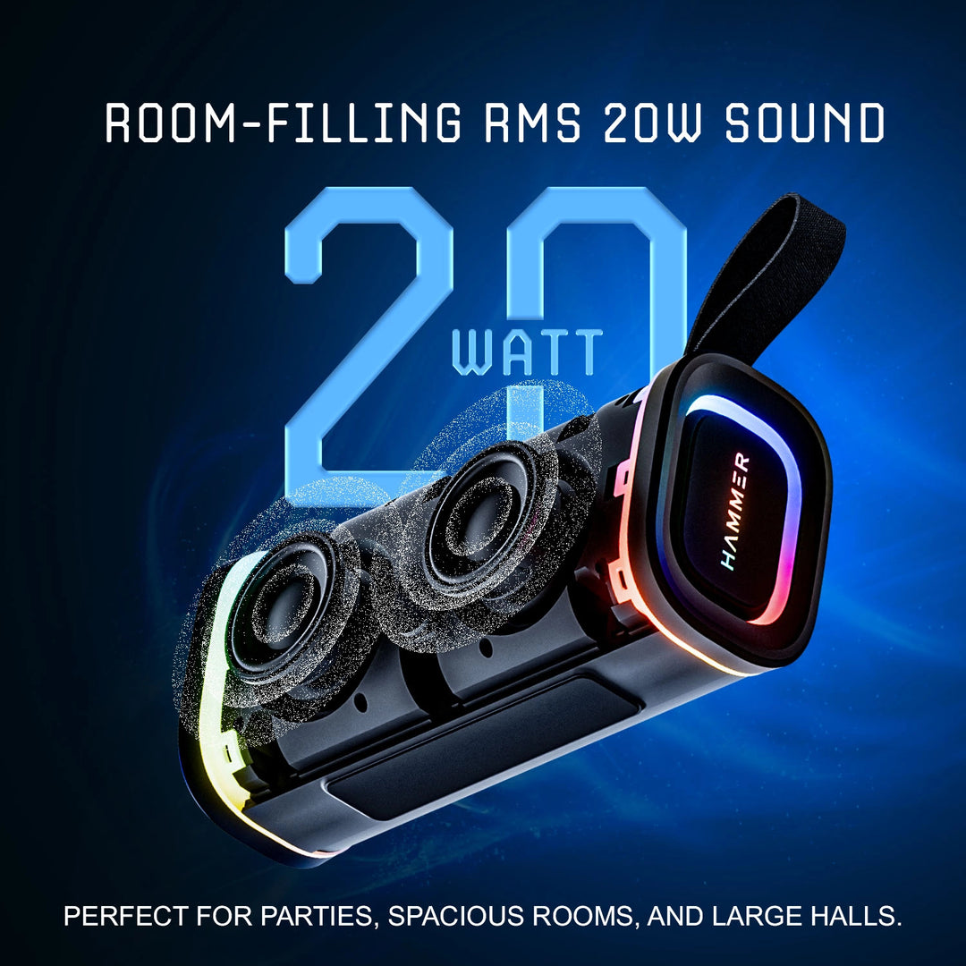 Hammer Wave 2 Bluetooth Speaker 20W RMS with Deep Bass, RGB Lights, Dual Pairing (Black)