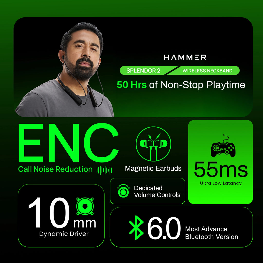 HAMMER Splendor 2 Bluetooth Neckband V6.0 & ENC with 50H Playtime (Black)