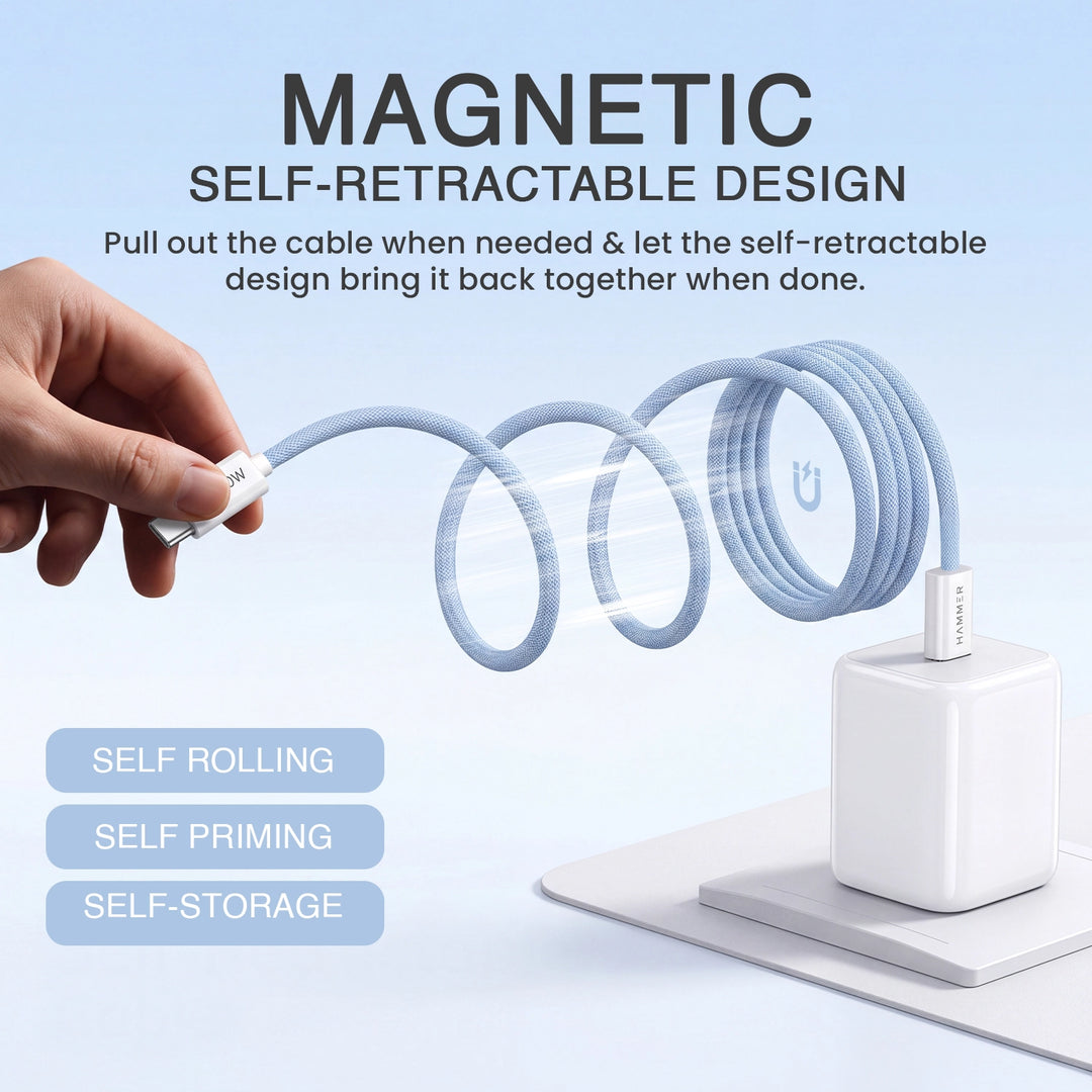 Hammer 60W Magnetic Braided USB Type-C to C Fast Charging & Data Transfer Cable, Durable Tangle Free Design (Blue)